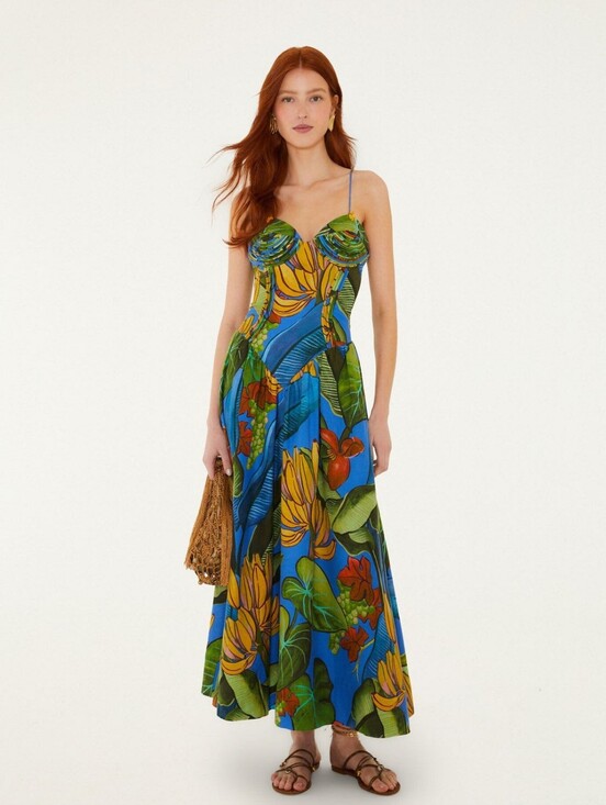 FARM Rio Dresses & Skirts - NWT FARM Rio Blue Banana Grapes 3D Bodice Sleeveless Maxi Dress Size Large